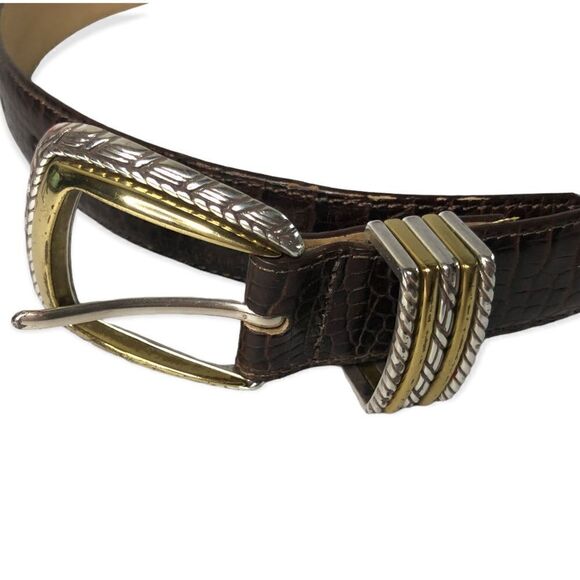 Brighton Croc Embossed Brown Leather Belt with Silver & Gold Tone Buckle Size S - Picture 7 of 7
